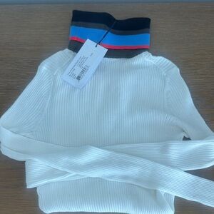 Proenza Schouler White Ribbed Cashmere Turtleneck with Multicolor Stripe Collar